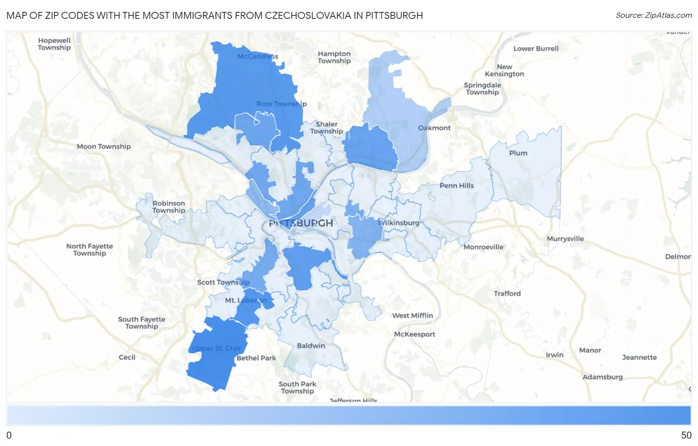 Zip Codes with the Most Immigrants from Czechoslovakia in Pittsburgh Map