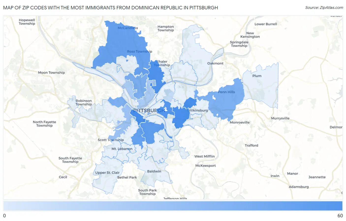 Zip Codes with the Most Immigrants from Dominican Republic in Pittsburgh Map
