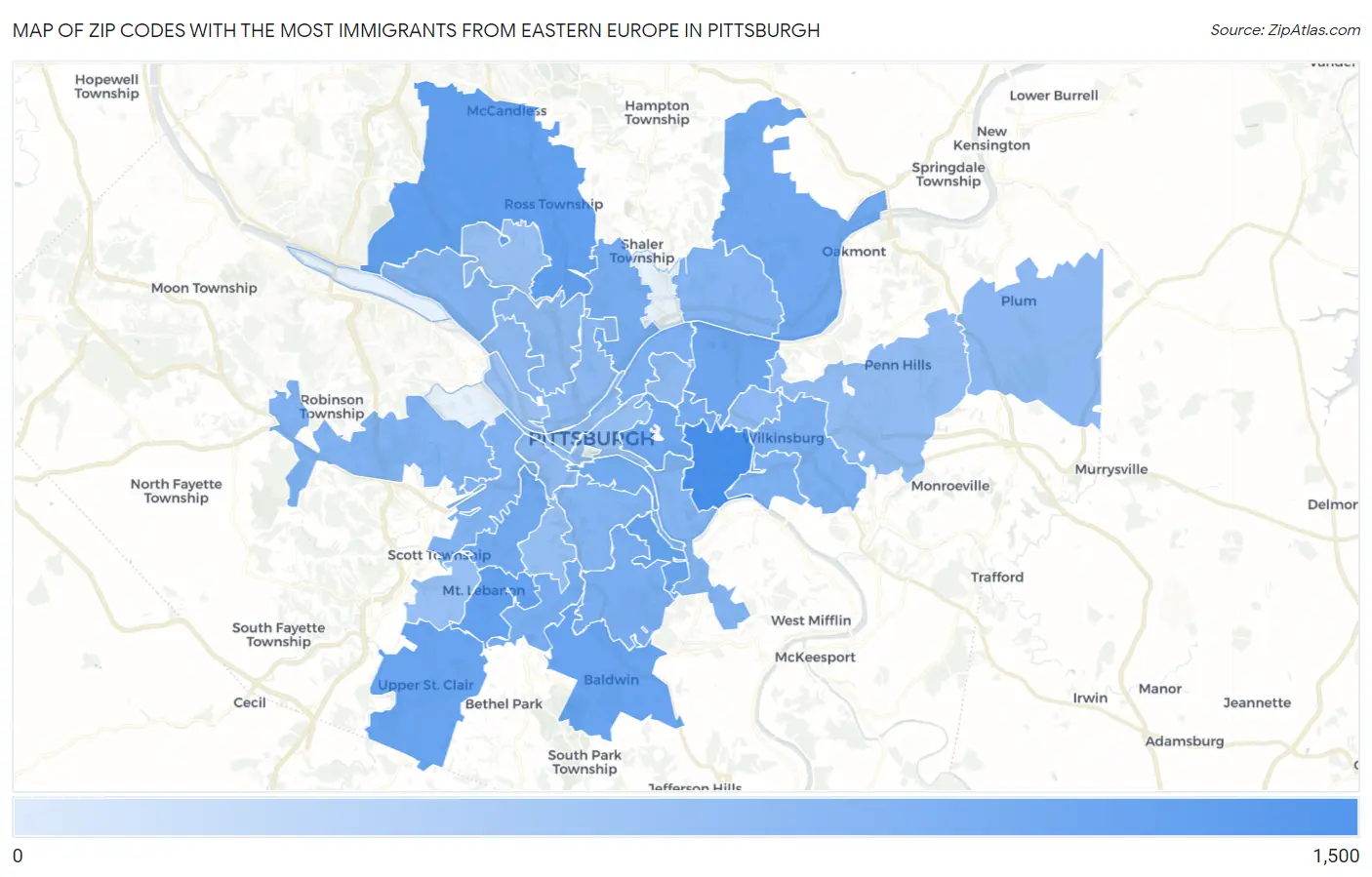 Zip Codes with the Most Immigrants from Eastern Europe in Pittsburgh Map