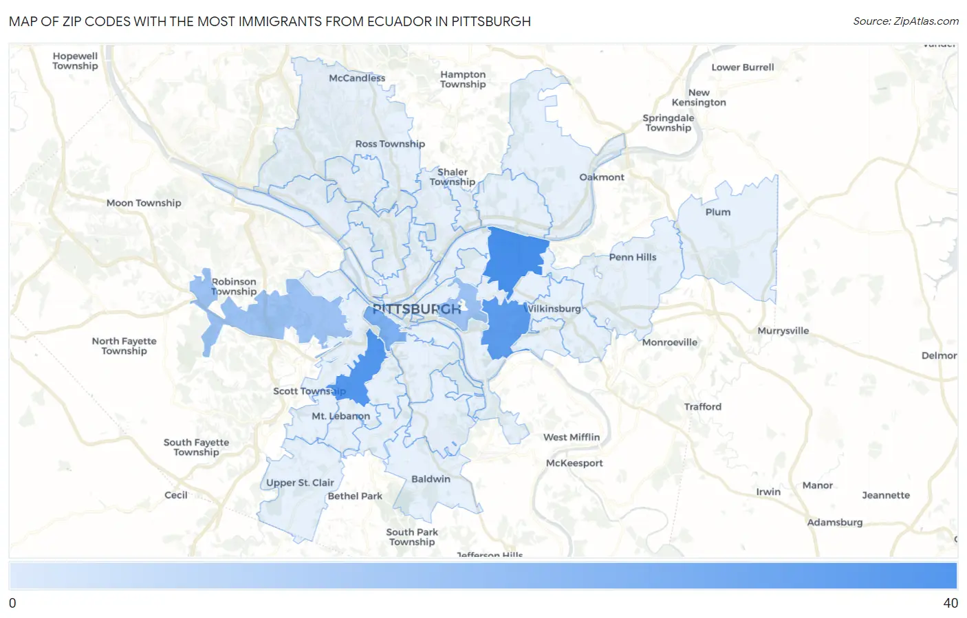Zip Codes with the Most Immigrants from Ecuador in Pittsburgh Map