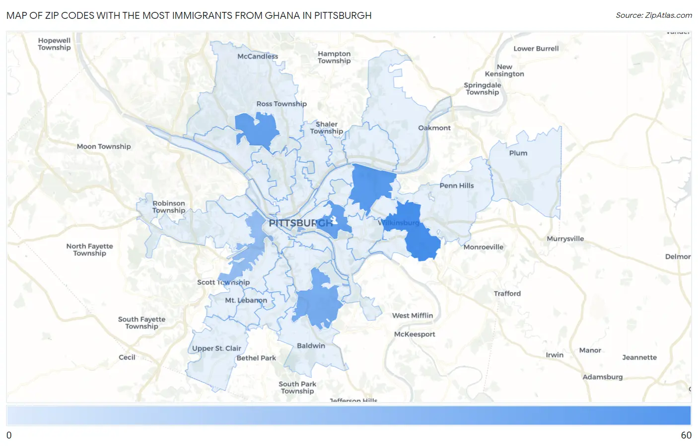 Zip Codes with the Most Immigrants from Ghana in Pittsburgh Map