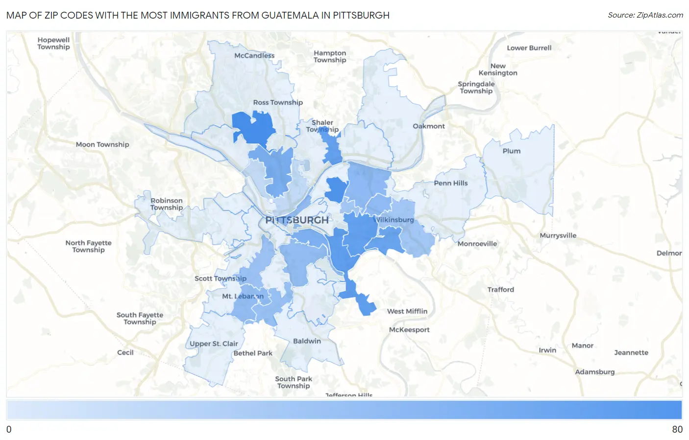 Zip Codes with the Most Immigrants from Guatemala in Pittsburgh Map