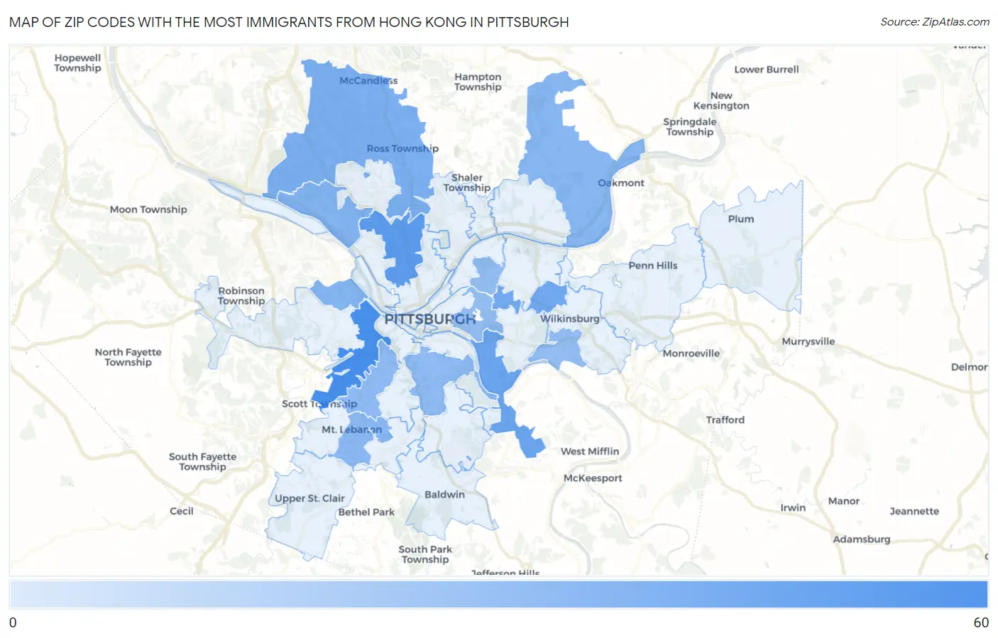 Zip Codes with the Most Immigrants from Hong Kong in Pittsburgh Map