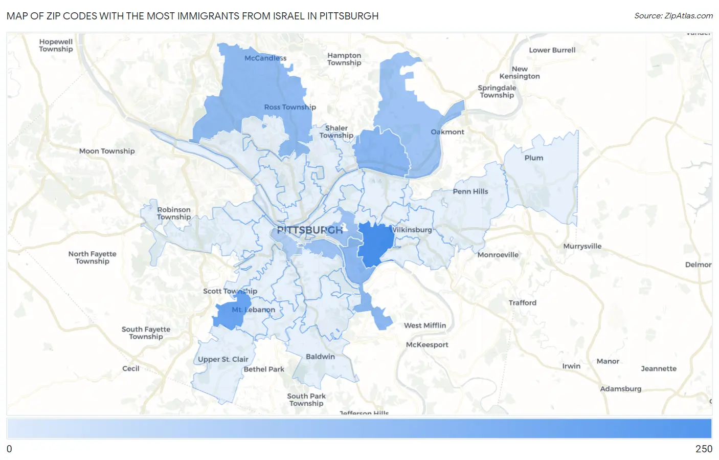 Zip Codes with the Most Immigrants from Israel in Pittsburgh Map