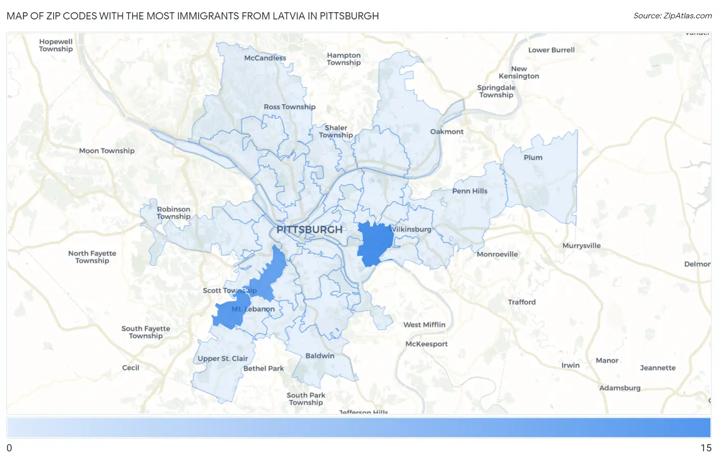 Zip Codes with the Most Immigrants from Latvia in Pittsburgh Map
