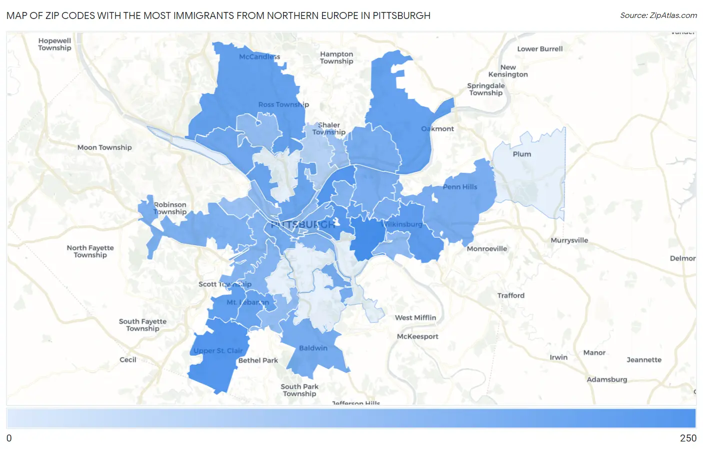 Zip Codes with the Most Immigrants from Northern Europe in Pittsburgh Map