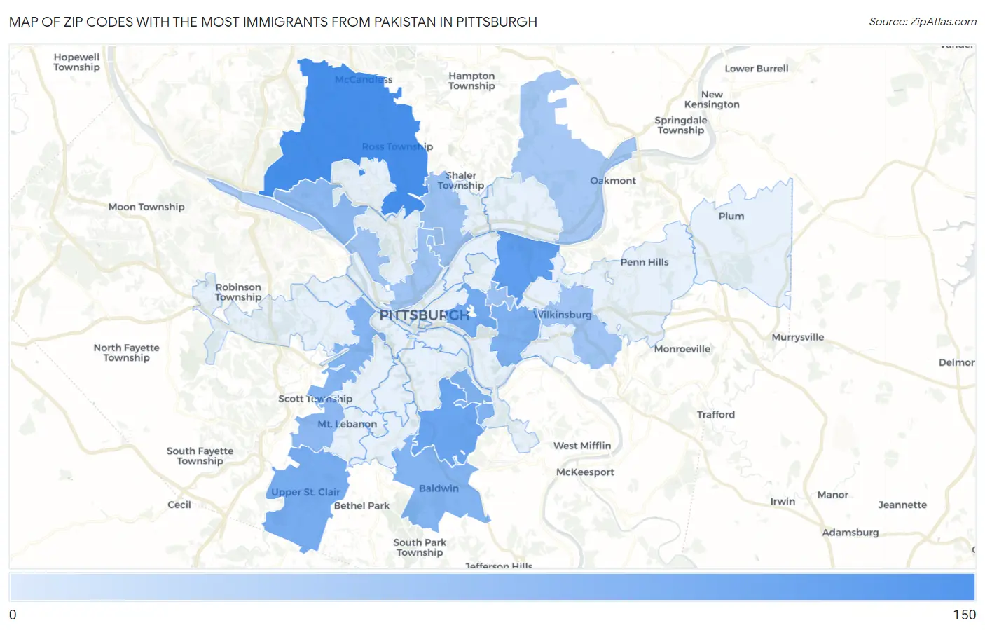 Zip Codes with the Most Immigrants from Pakistan in Pittsburgh Map