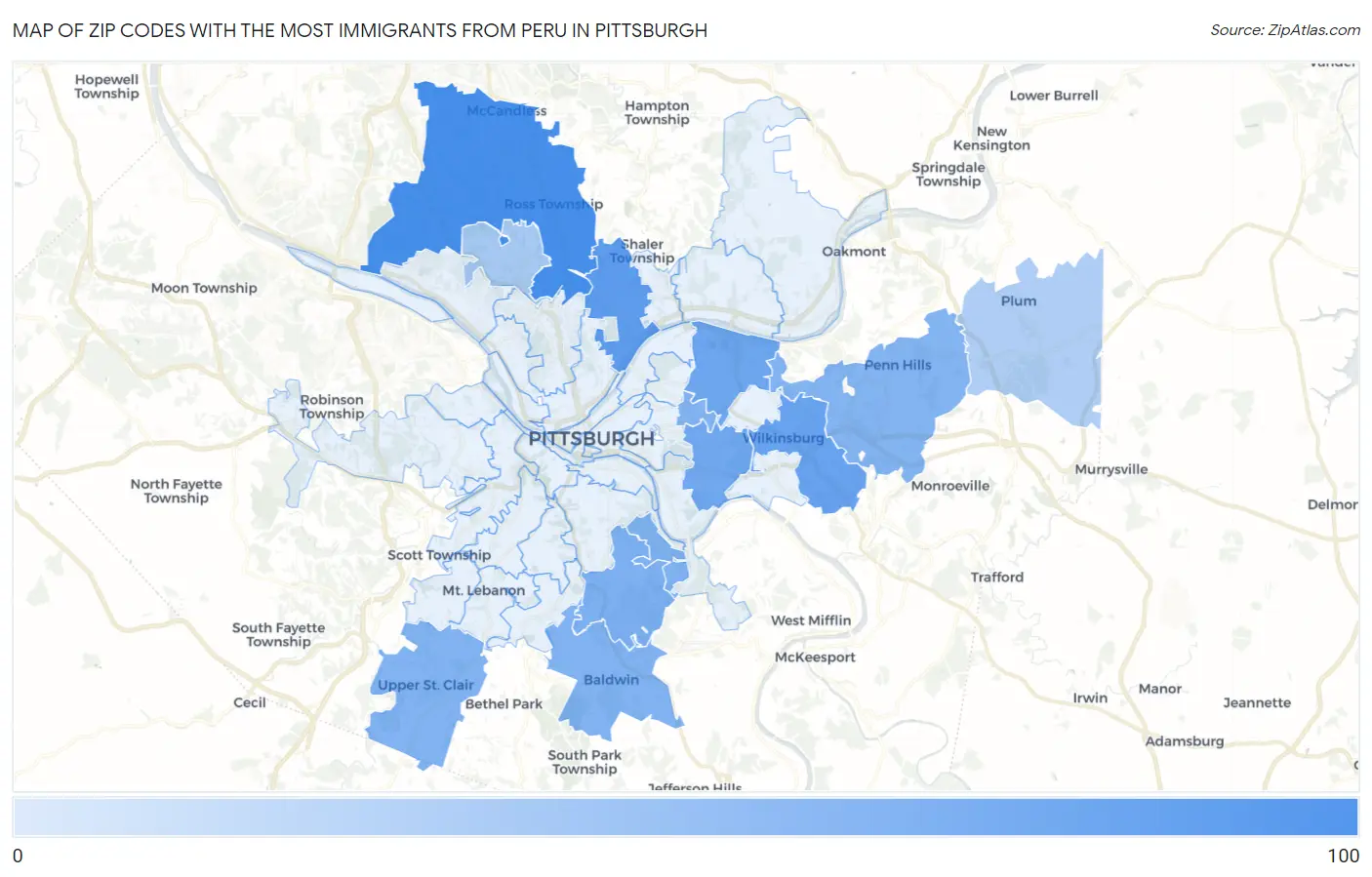 Zip Codes with the Most Immigrants from Peru in Pittsburgh Map