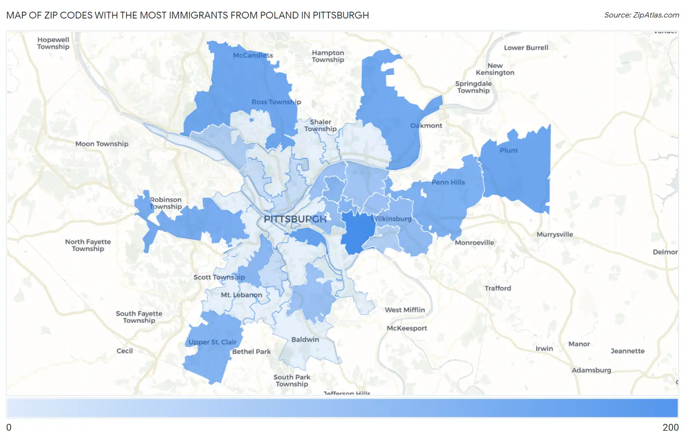 Zip Codes with the Most Immigrants from Poland in Pittsburgh Map