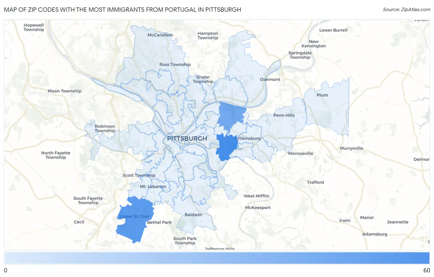 Zip Codes with the Most Immigrants from Portugal in Pittsburgh Map