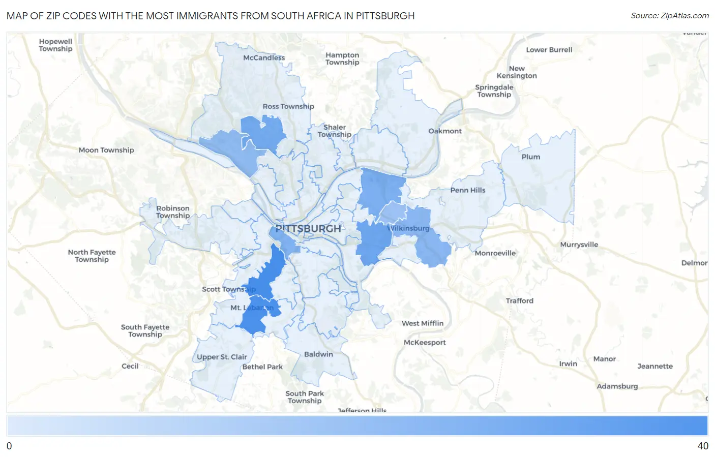 Zip Codes with the Most Immigrants from South Africa in Pittsburgh Map