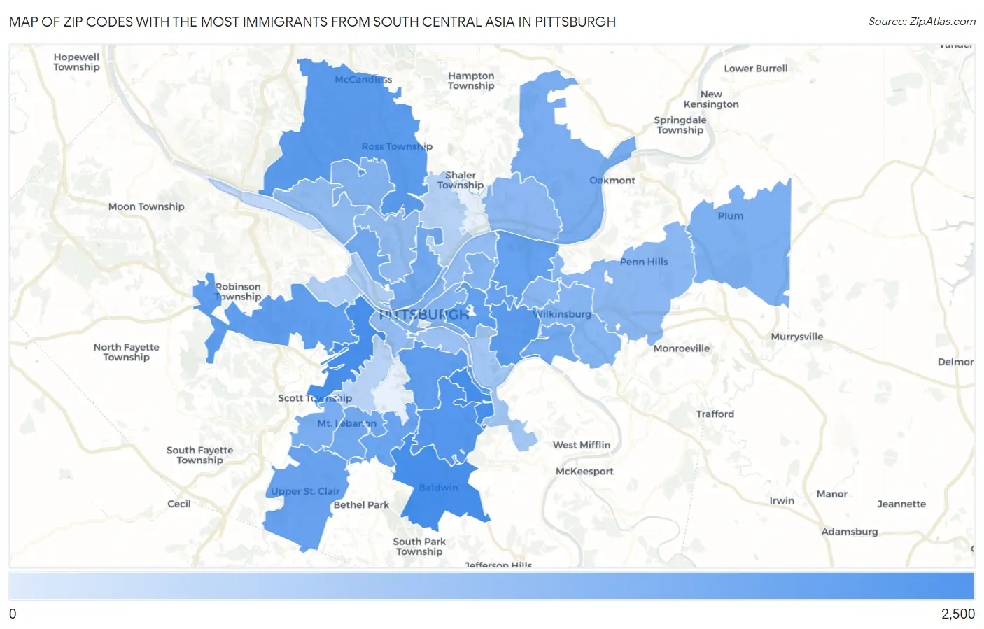 Zip Codes with the Most Immigrants from South Central Asia in Pittsburgh Map
