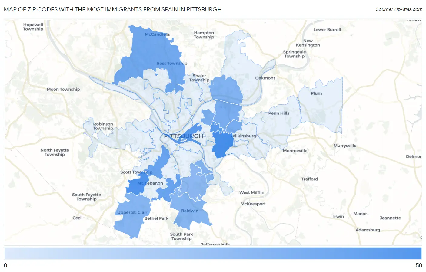Zip Codes with the Most Immigrants from Spain in Pittsburgh Map