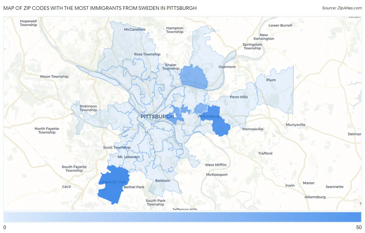 Zip Codes with the Most Immigrants from Sweden in Pittsburgh Map