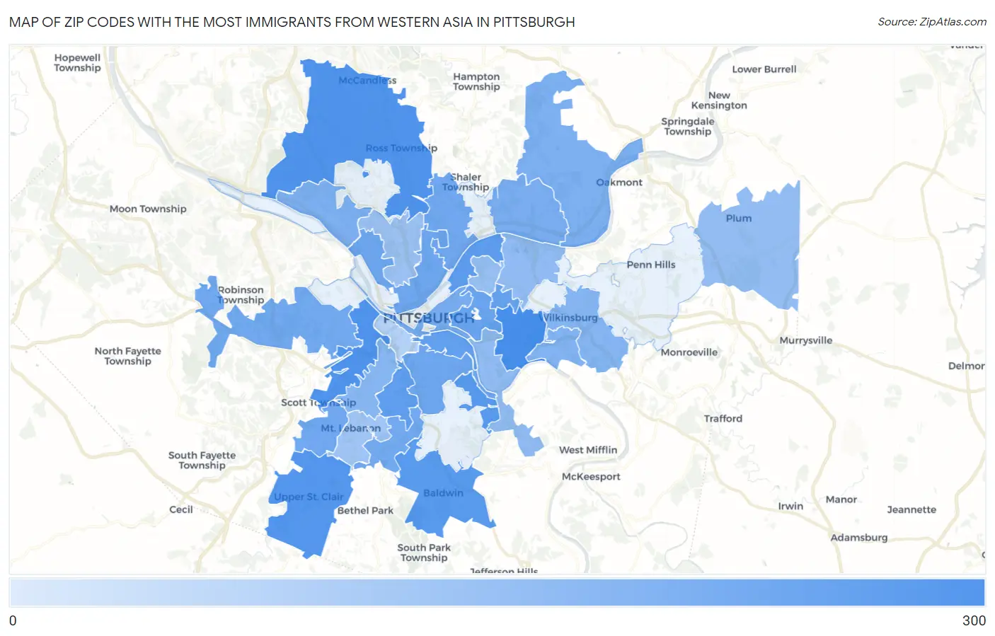 Zip Codes with the Most Immigrants from Western Asia in Pittsburgh Map