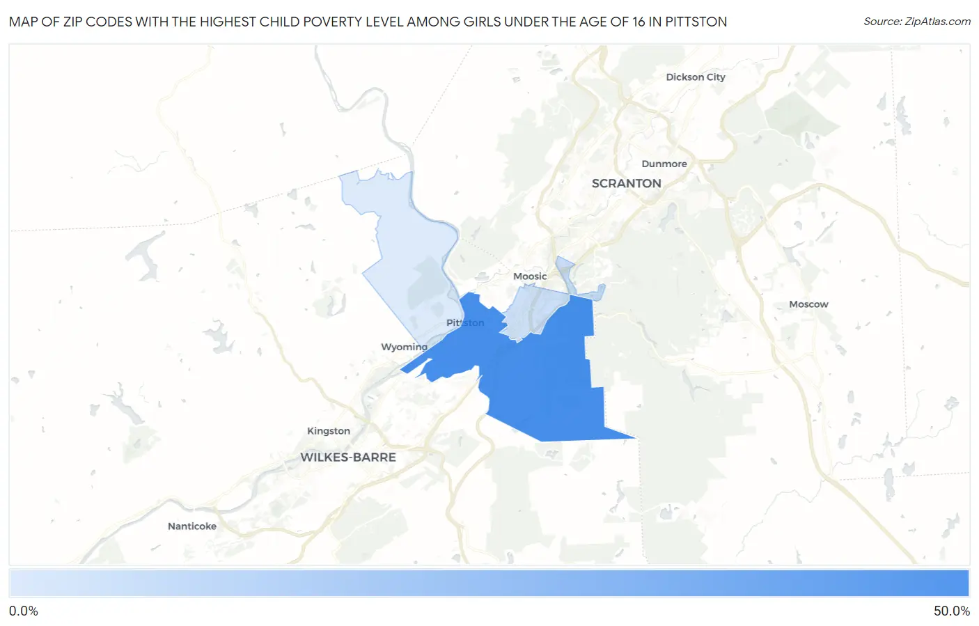 Zip Codes with the Highest Child Poverty Level Among Girls Under the Age of 16 in Pittston Map
