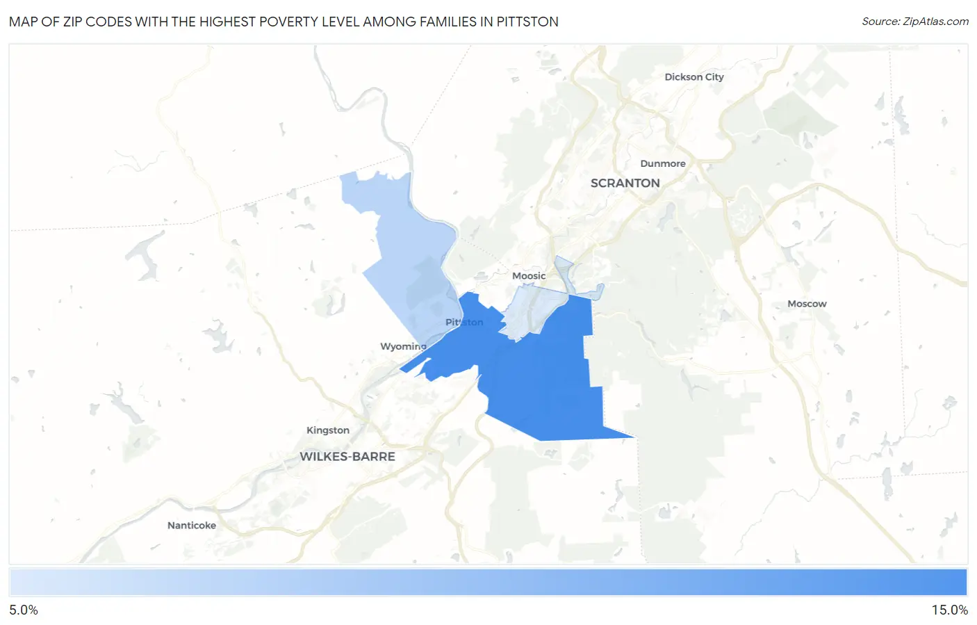 Zip Codes with the Highest Poverty Level Among Families in Pittston Map