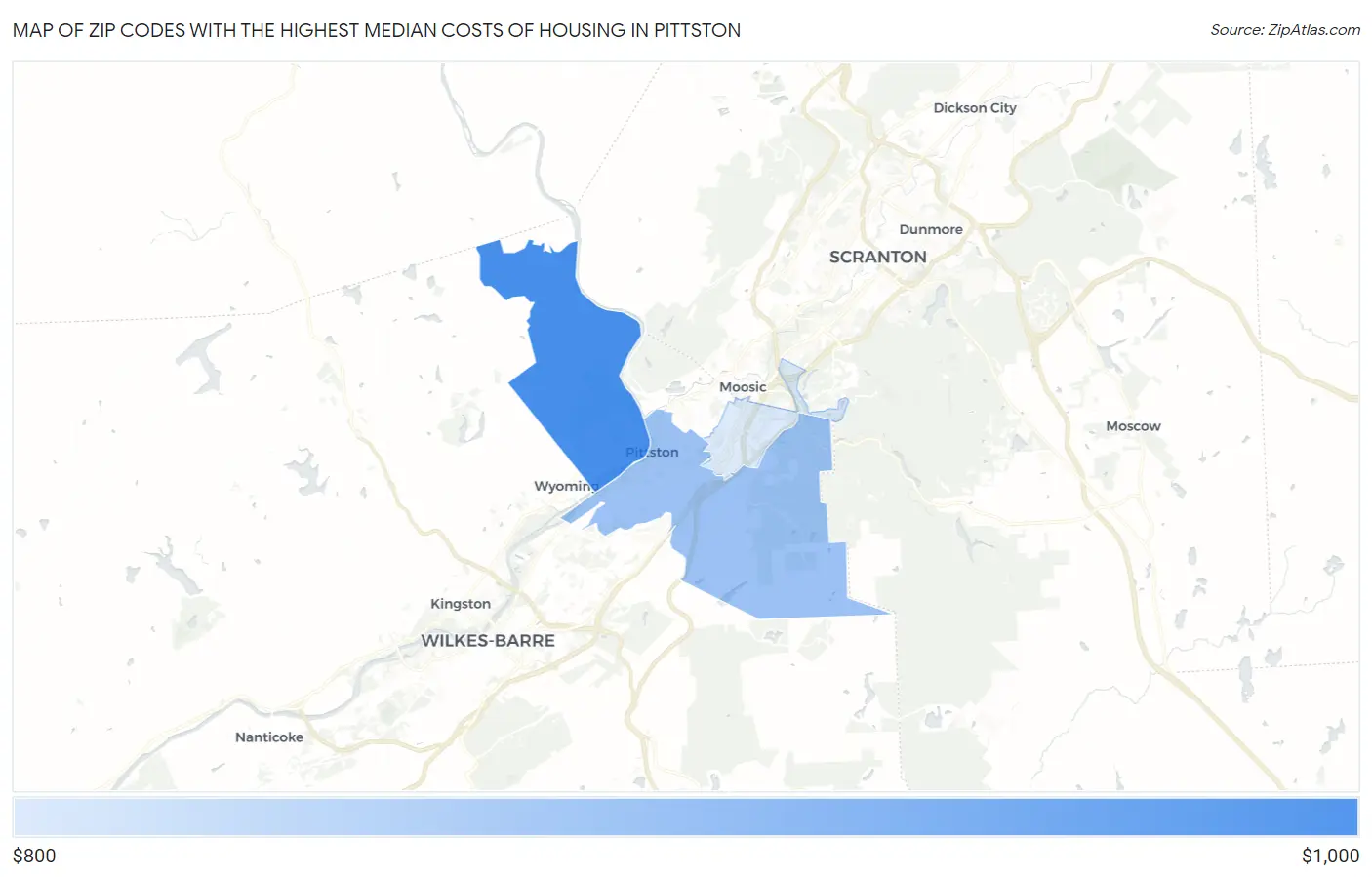 Zip Codes with the Highest Median Costs of Housing in Pittston Map