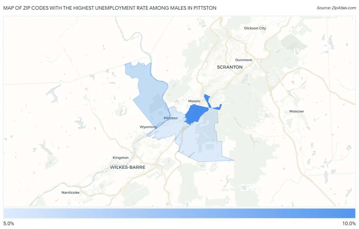 Zip Codes with the Highest Unemployment Rate Among Males in Pittston Map