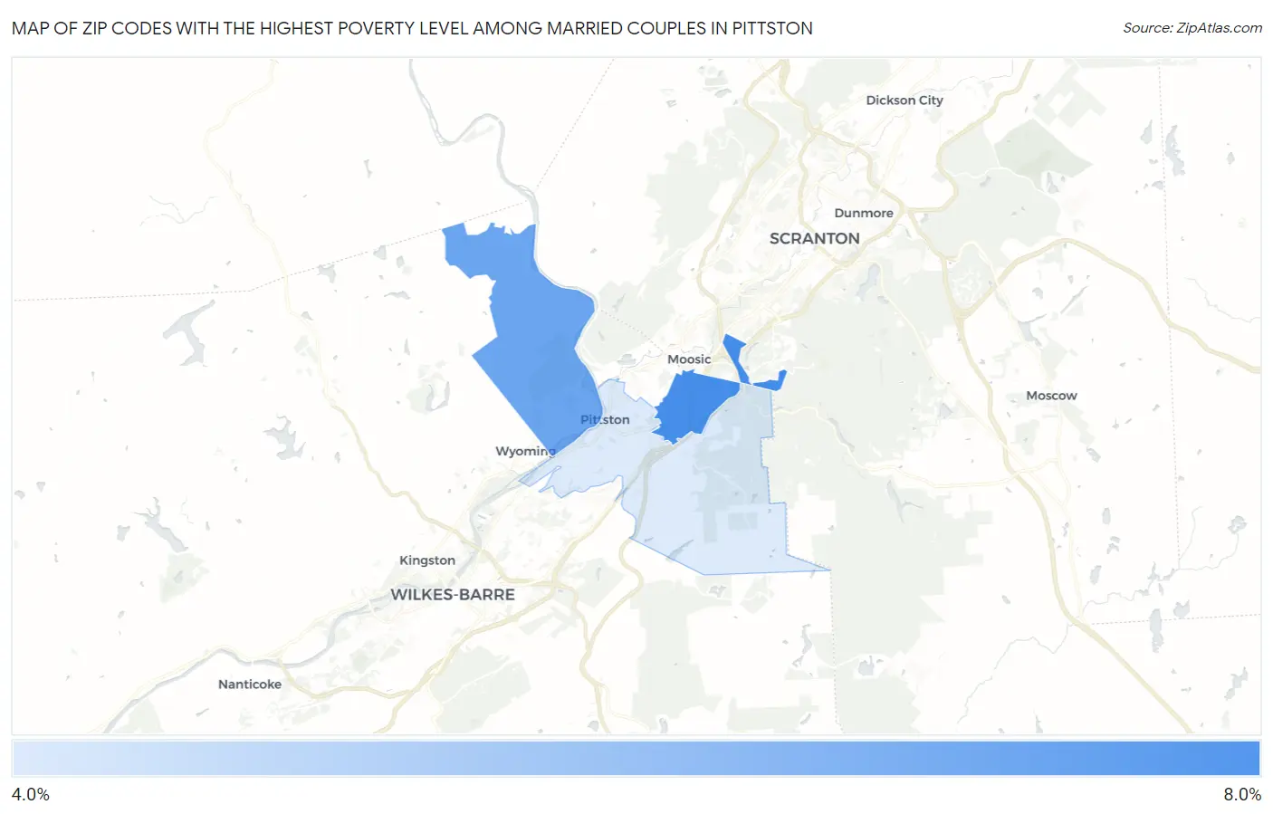 Zip Codes with the Highest Poverty Level Among Married Couples in Pittston Map