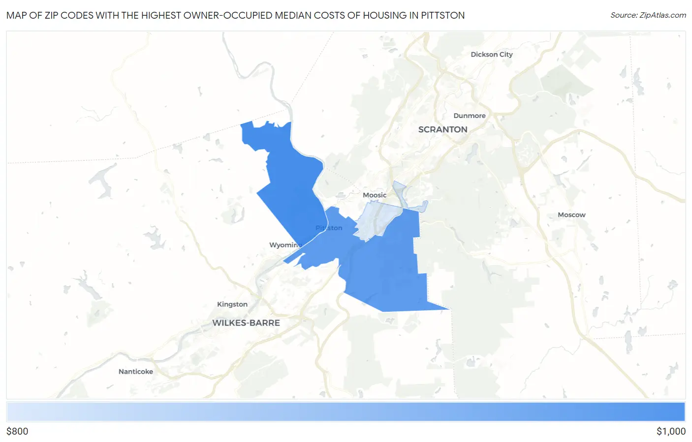 Zip Codes with the Highest Owner-Occupied Median Costs of Housing in Pittston Map