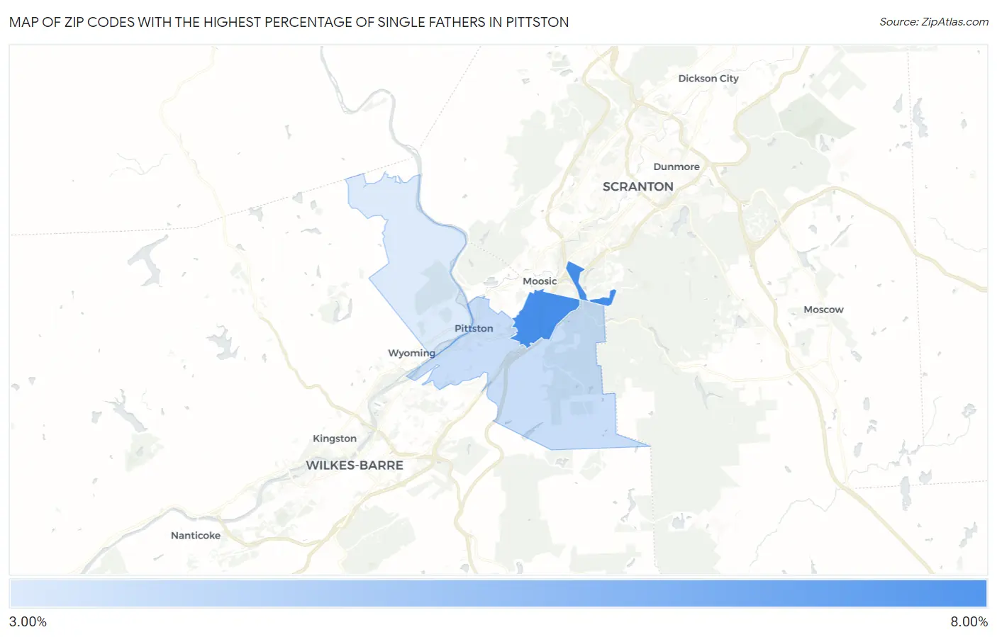 Zip Codes with the Highest Percentage of Single Fathers in Pittston Map