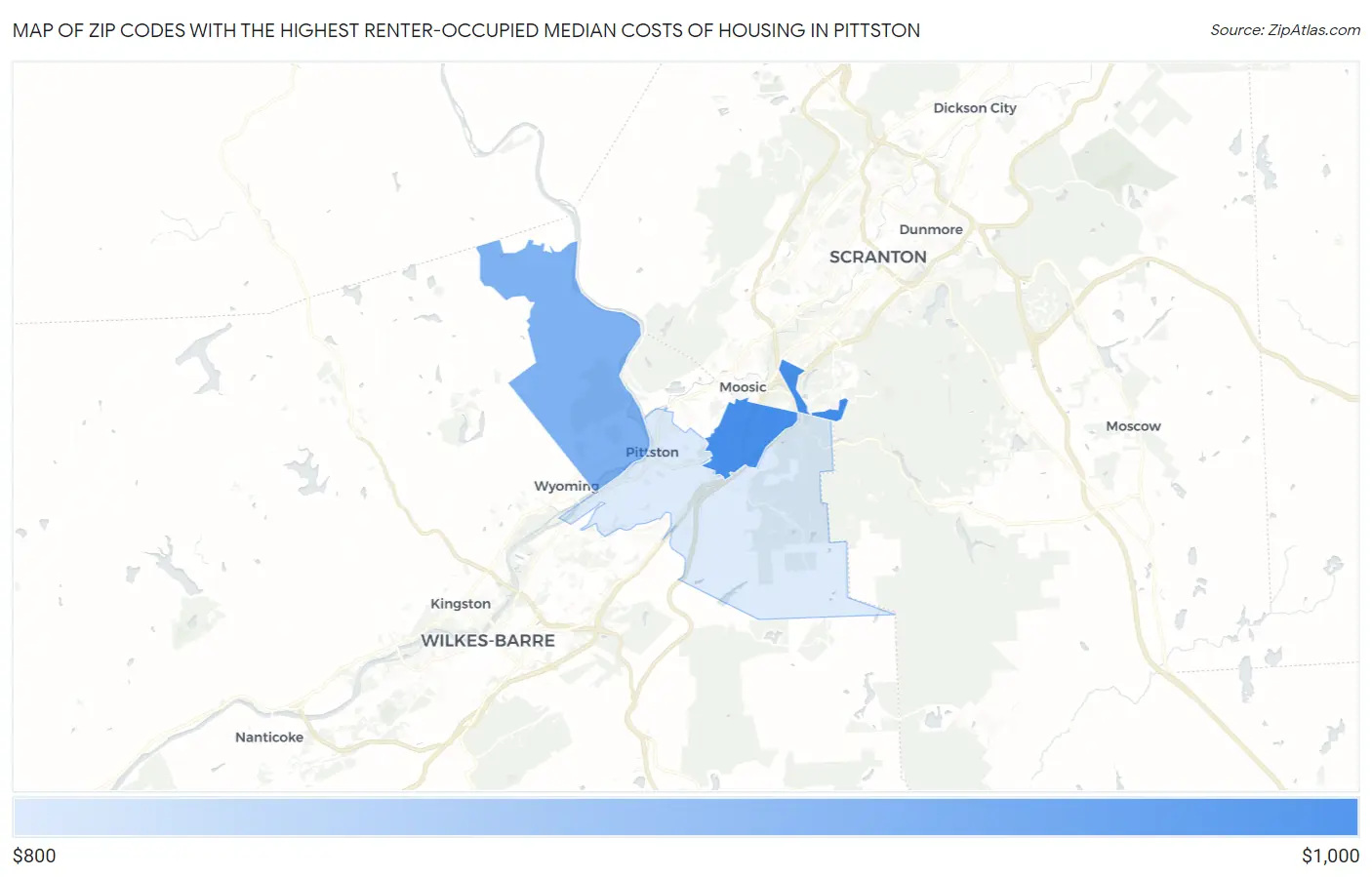 Zip Codes with the Highest Renter-Occupied Median Costs of Housing in Pittston Map