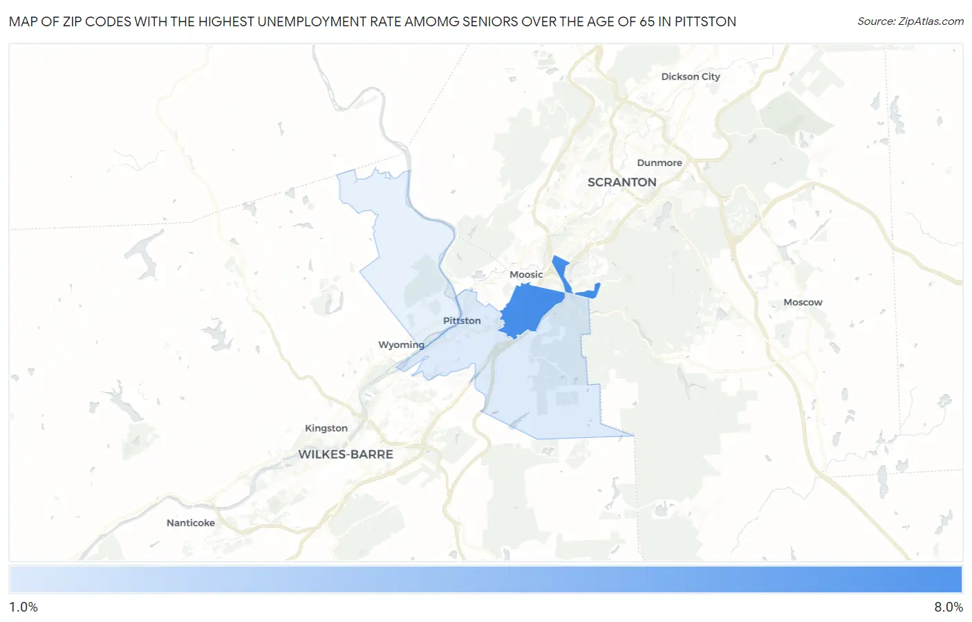Zip Codes with the Highest Unemployment Rate Amomg Seniors Over the Age of 65 in Pittston Map