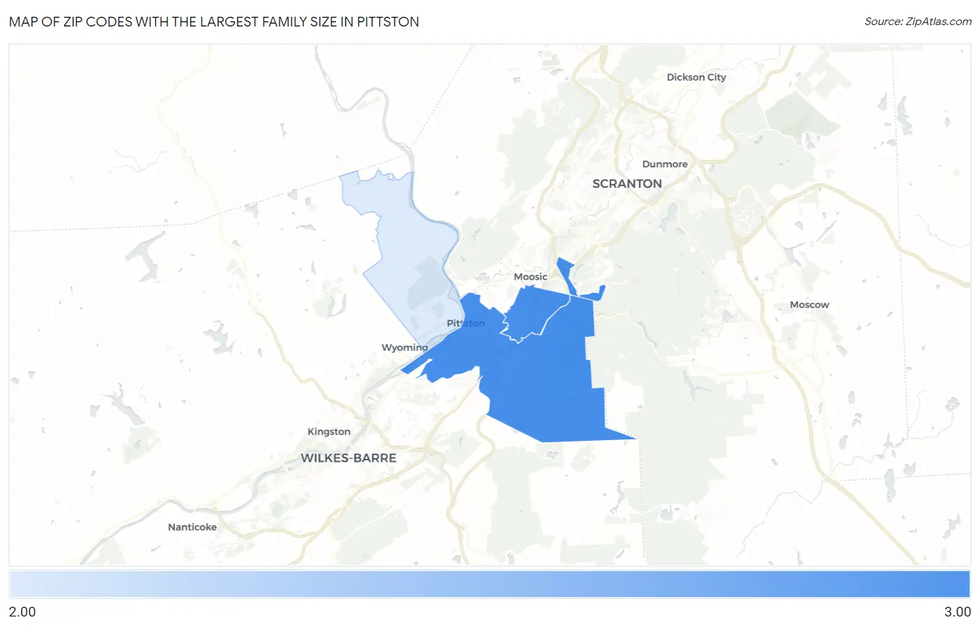 Zip Codes with the Largest Family Size in Pittston Map
