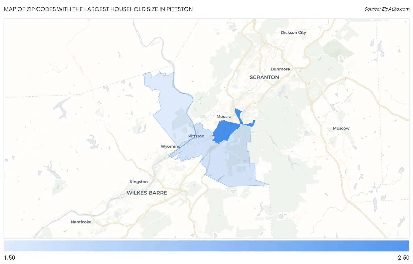 Zip Codes with the Largest Household Size in Pittston Map