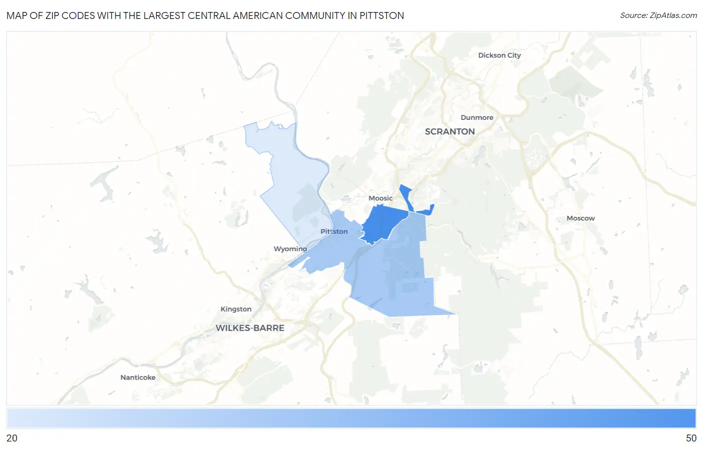 Zip Codes with the Largest Central American Community in Pittston Map