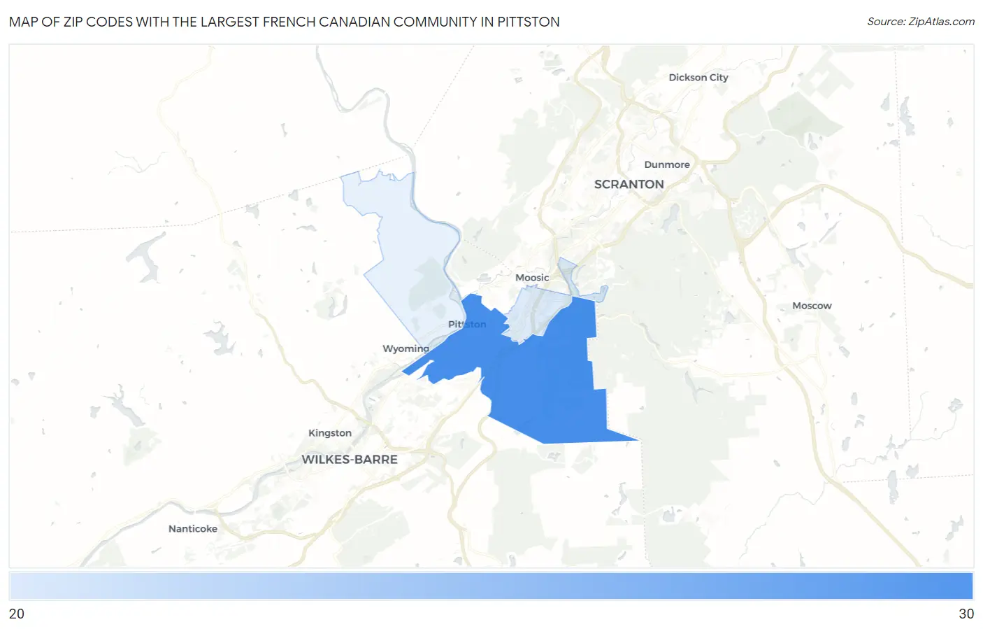 Zip Codes with the Largest French Canadian Community in Pittston Map