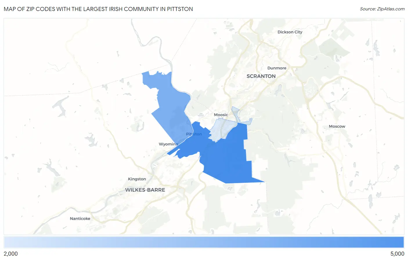 Zip Codes with the Largest Irish Community in Pittston Map