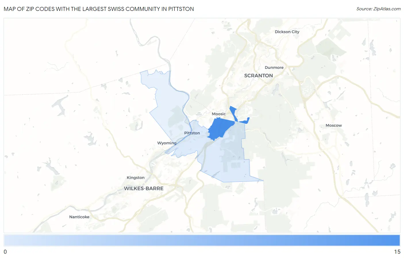 Zip Codes with the Largest Swiss Community in Pittston Map