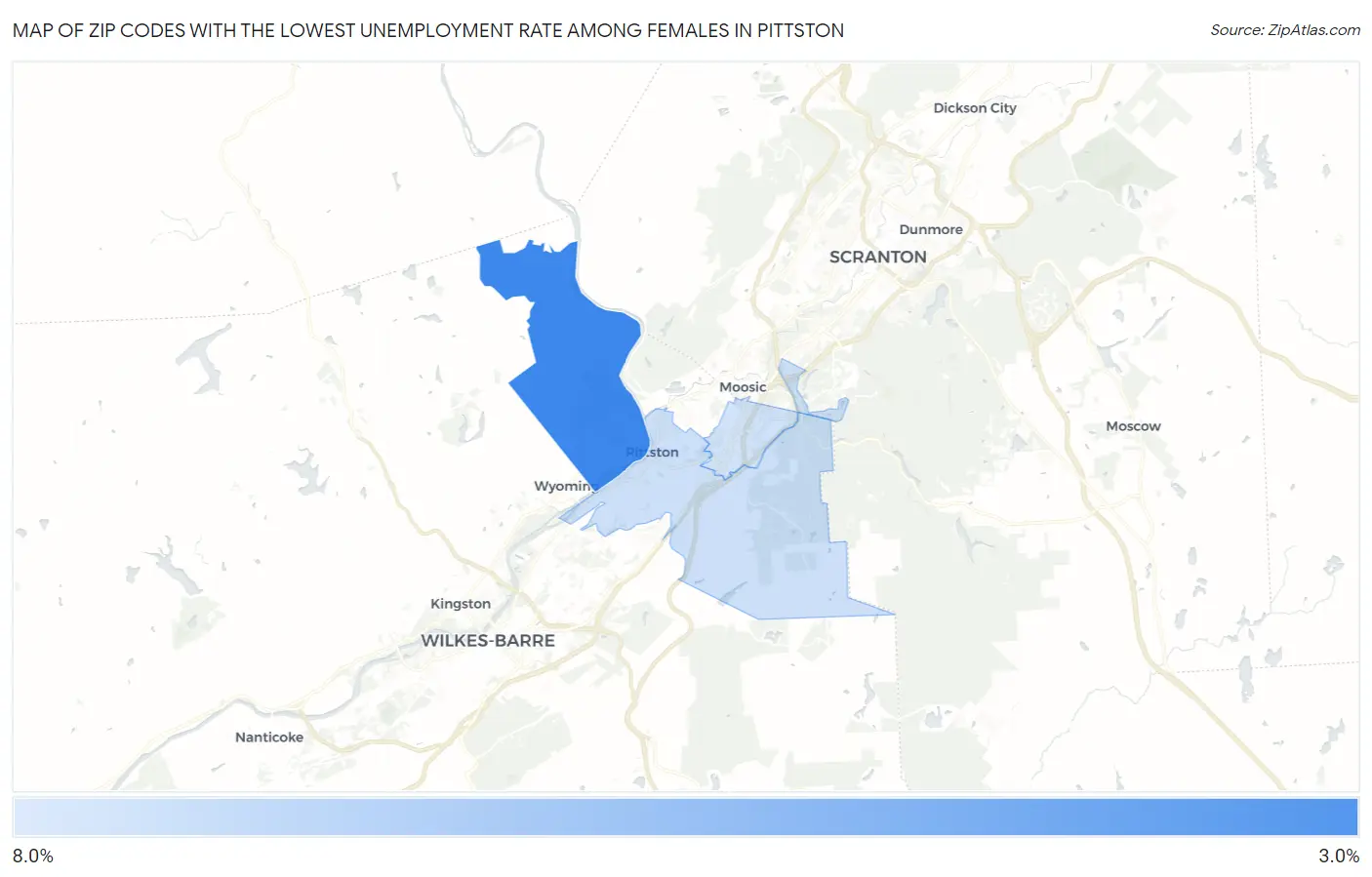 Zip Codes with the Lowest Unemployment Rate Among Females in Pittston Map