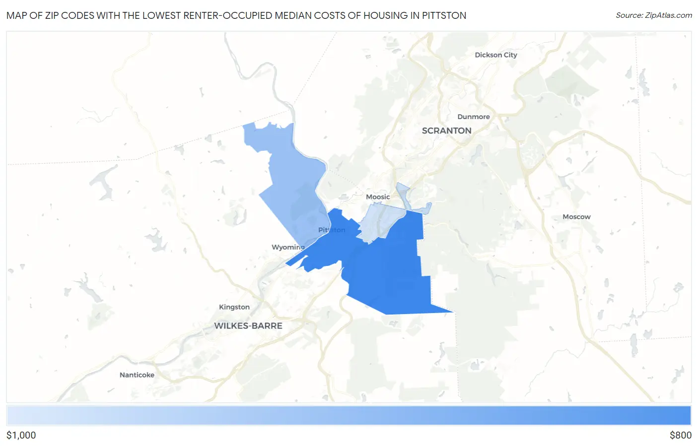 Zip Codes with the Lowest Renter-Occupied Median Costs of Housing in Pittston Map