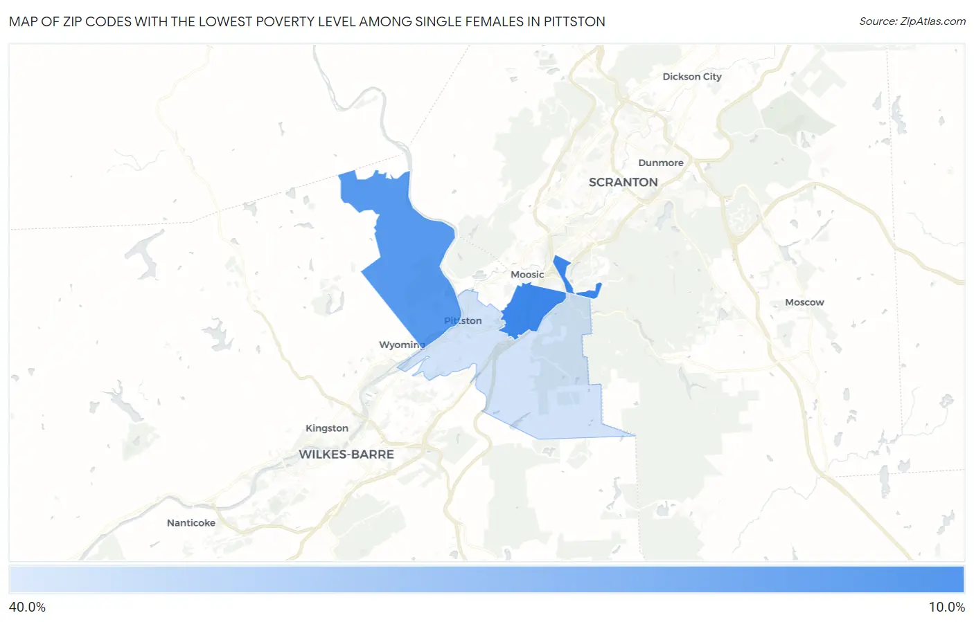 Zip Codes with the Lowest Poverty Level Among Single Females in Pittston Map