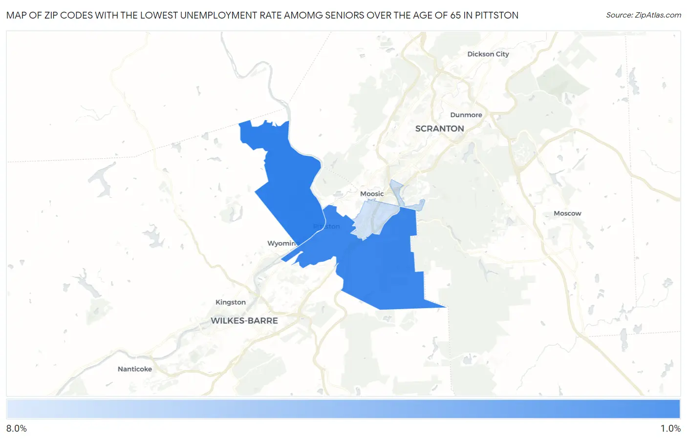 Zip Codes with the Lowest Unemployment Rate Amomg Seniors Over the Age of 65 in Pittston Map