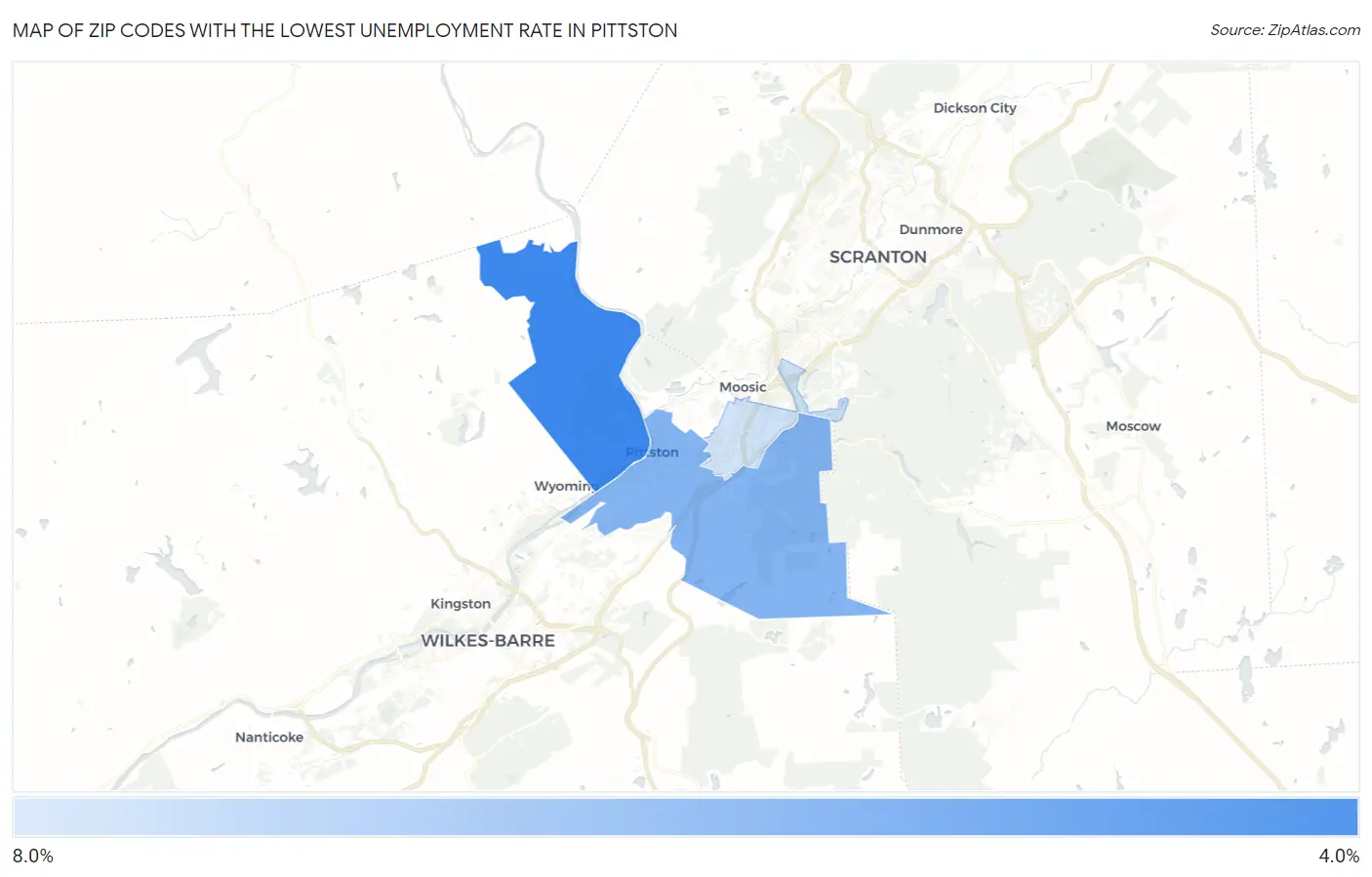 Zip Codes with the Lowest Unemployment Rate in Pittston Map