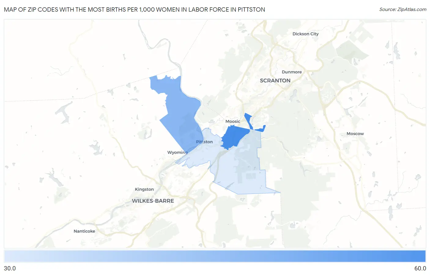 Zip Codes with the Most Births per 1,000 Women in Labor Force in Pittston Map