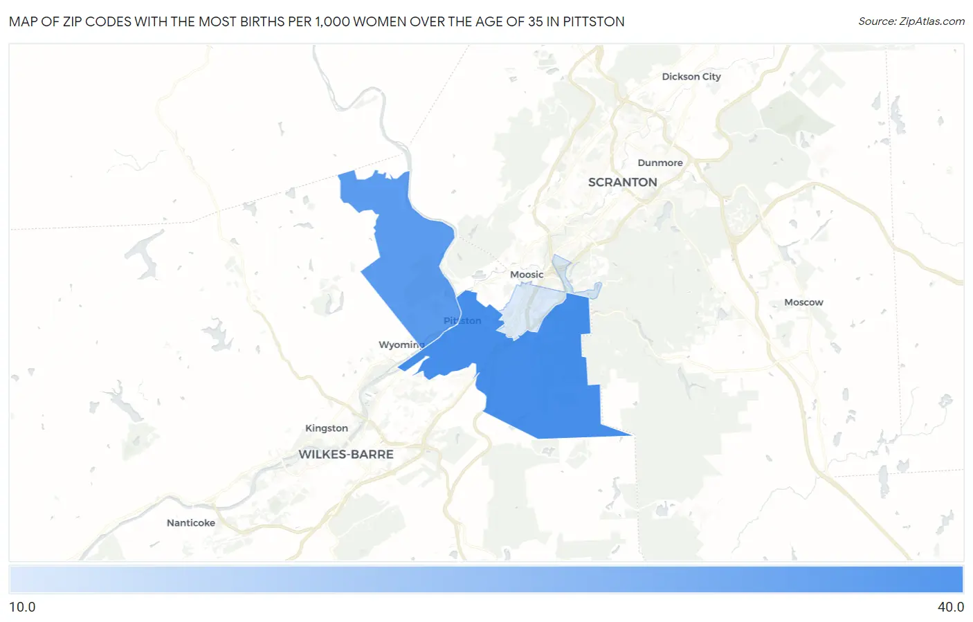 Zip Codes with the Most Births per 1,000 Women Over the Age of 35 in Pittston Map