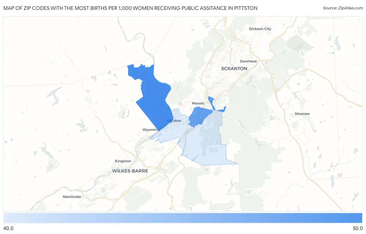 Zip Codes with the Most Births per 1,000 Women Receiving Public Assitance in Pittston Map