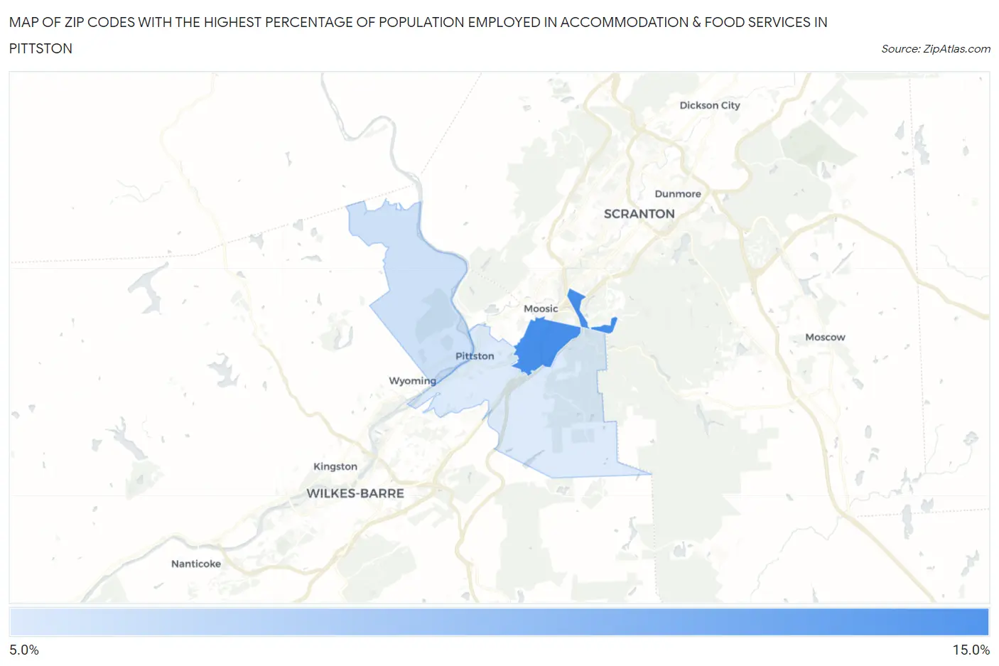 Zip Codes with the Highest Percentage of Population Employed in Accommodation & Food Services in Pittston Map