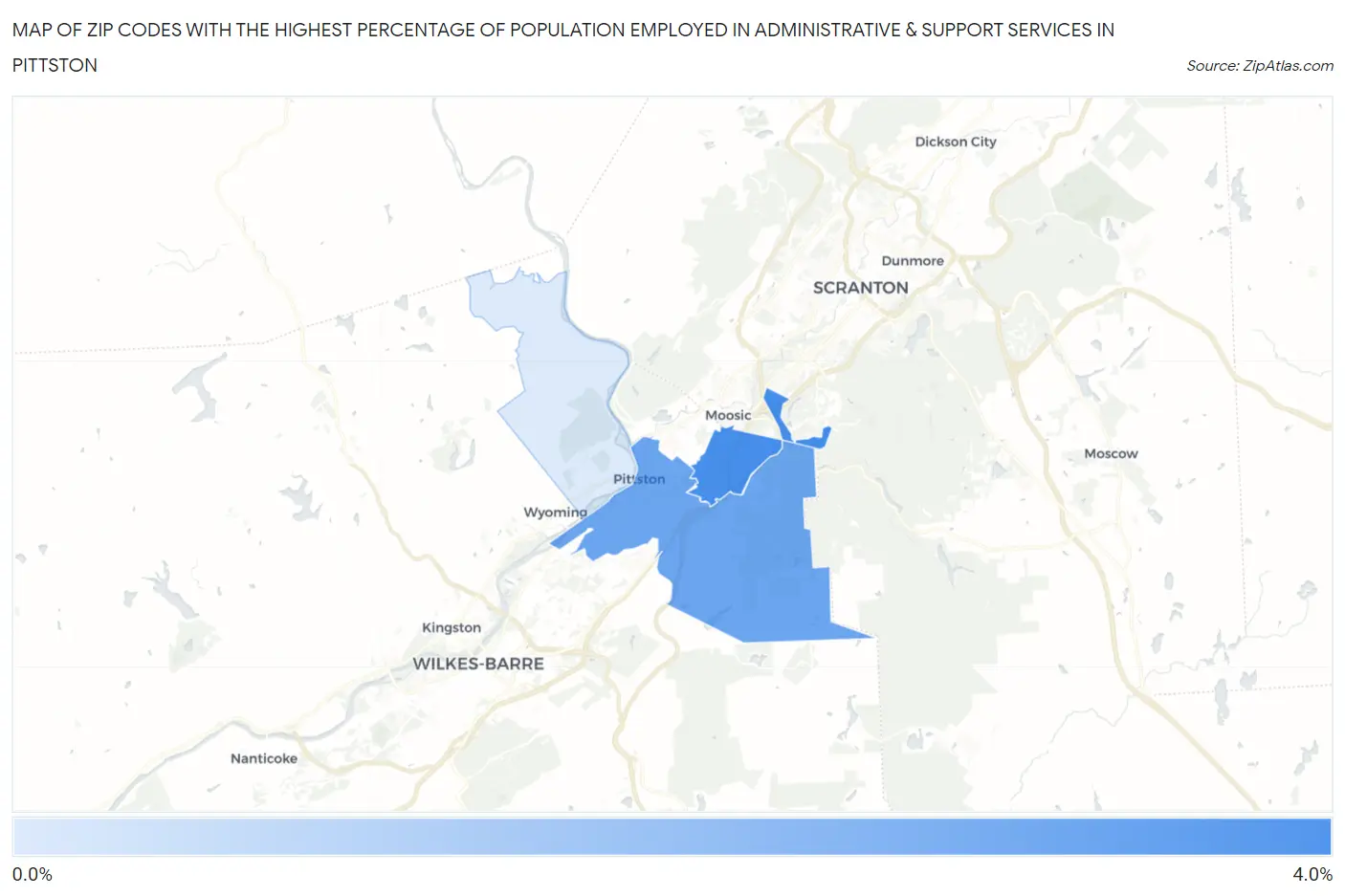 Zip Codes with the Highest Percentage of Population Employed in Administrative & Support Services in Pittston Map