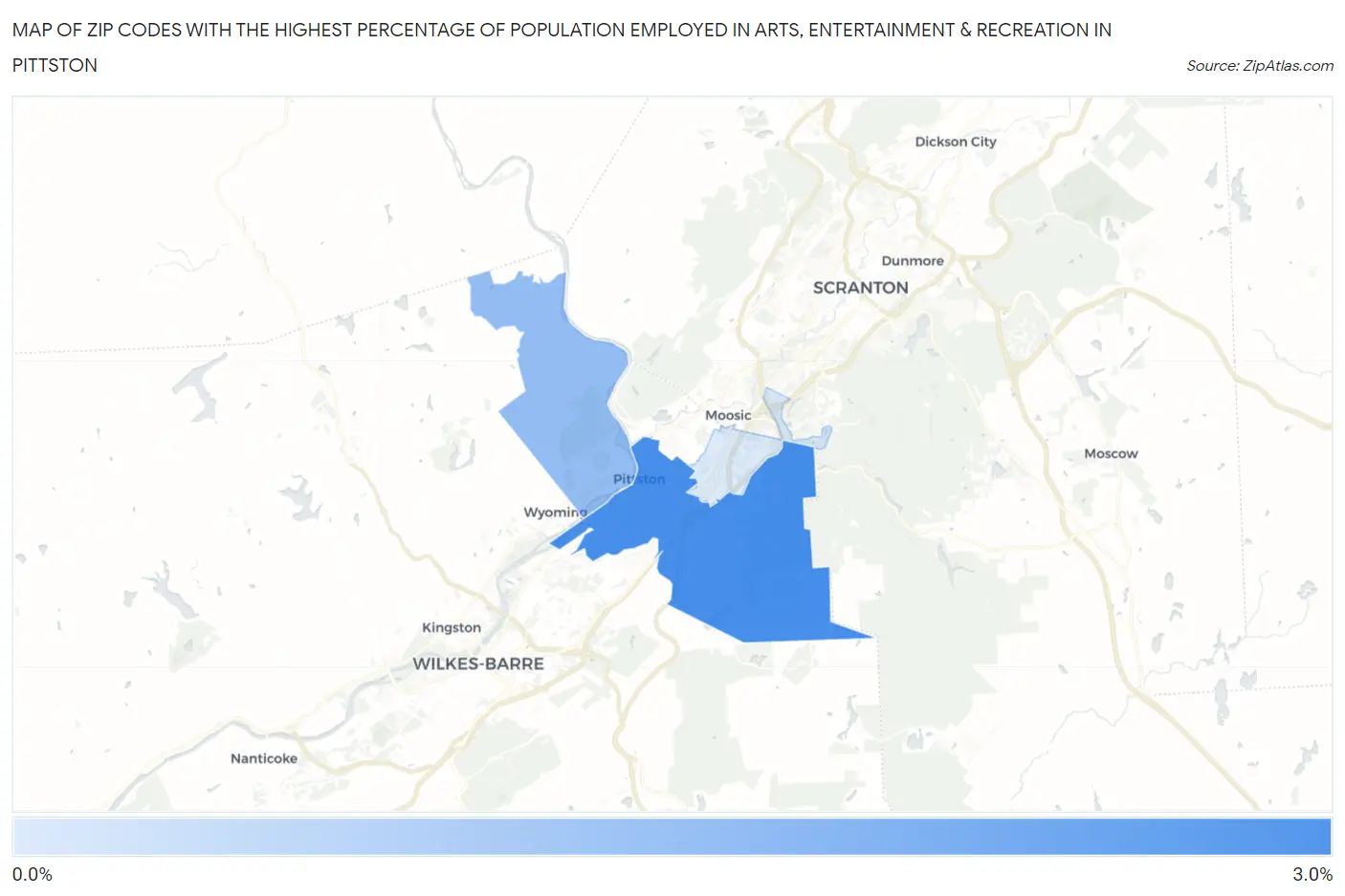 Zip Codes with the Highest Percentage of Population Employed in Arts, Entertainment & Recreation in Pittston Map