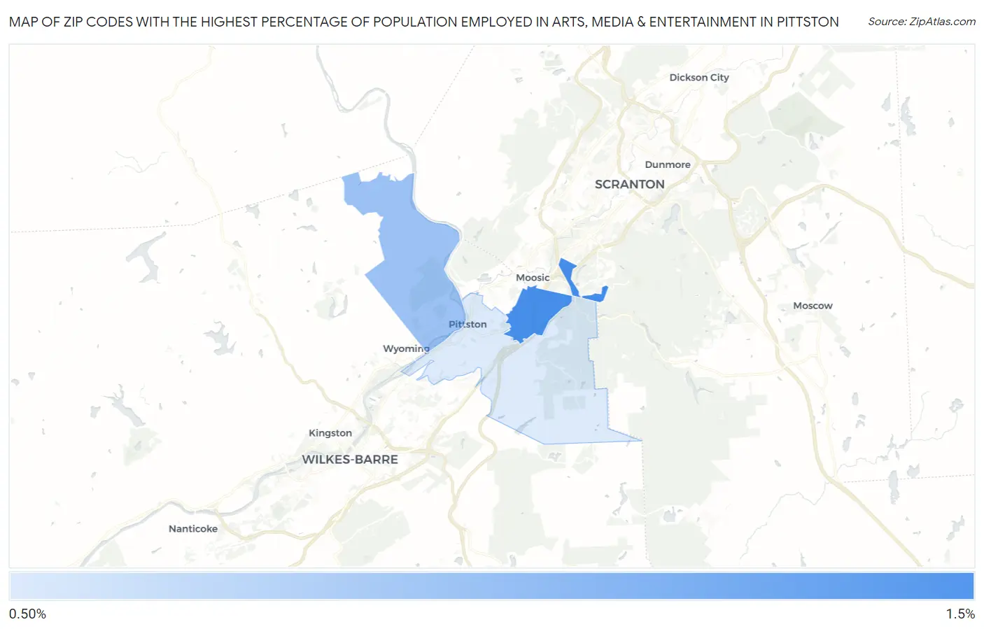 Zip Codes with the Highest Percentage of Population Employed in Arts, Media & Entertainment in Pittston Map