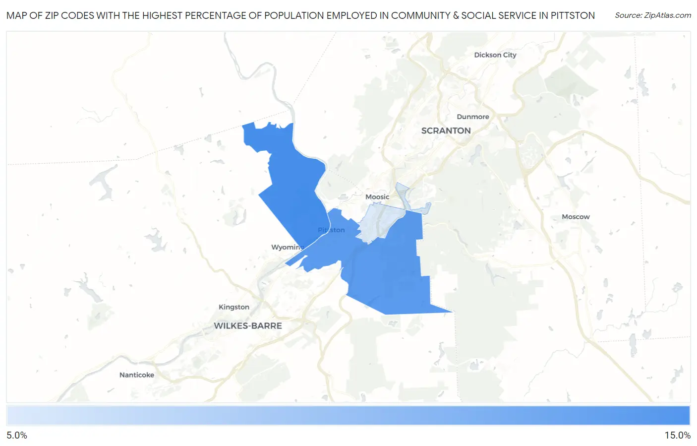 Zip Codes with the Highest Percentage of Population Employed in Community & Social Service  in Pittston Map