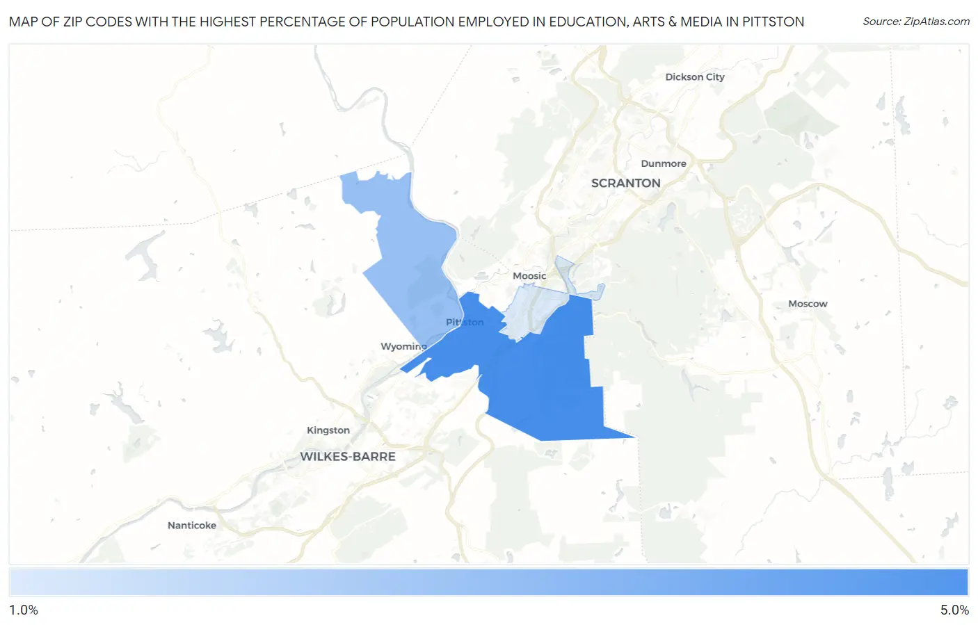 Zip Codes with the Highest Percentage of Population Employed in Education, Arts & Media in Pittston Map