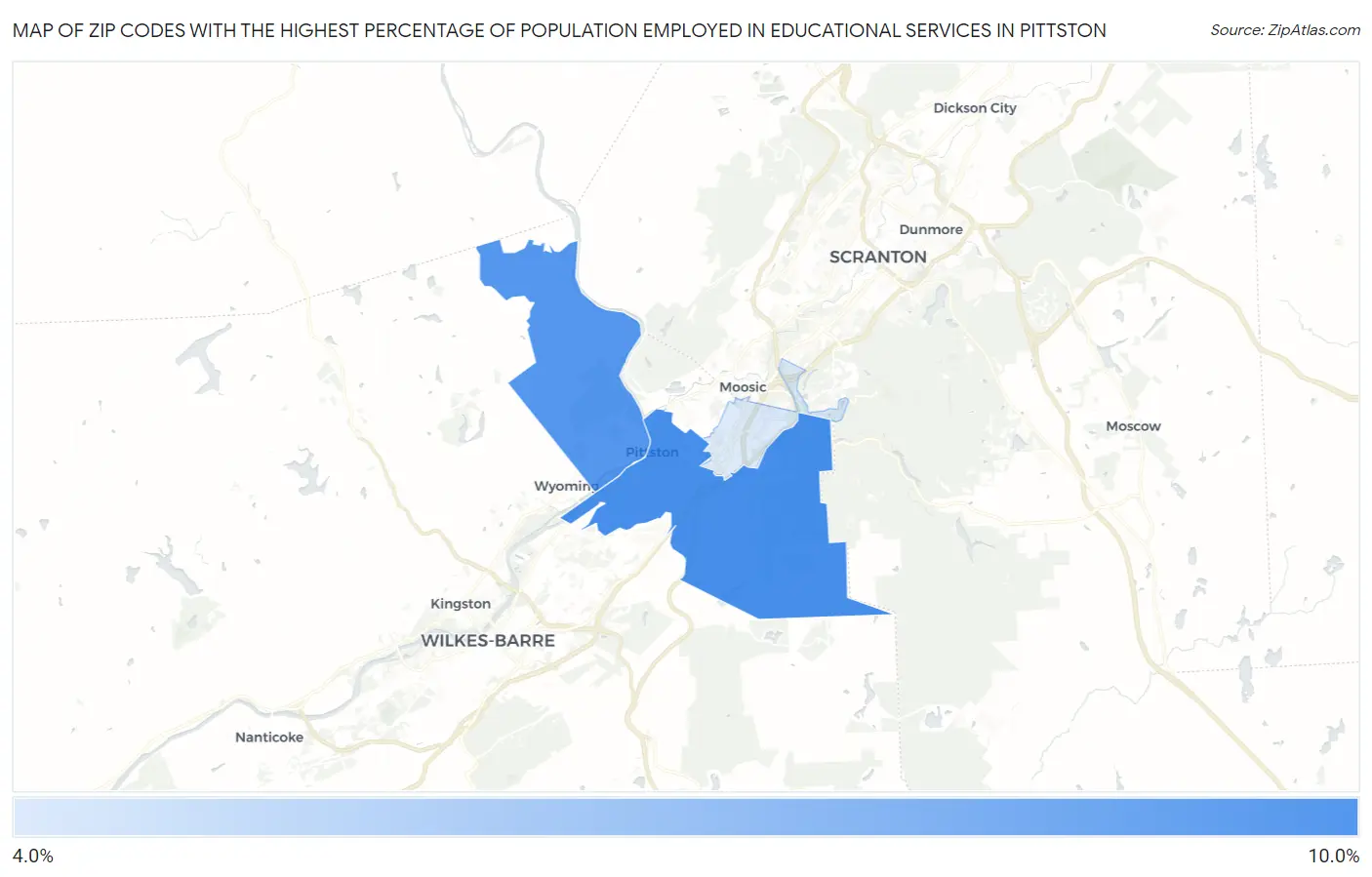 Zip Codes with the Highest Percentage of Population Employed in Educational Services in Pittston Map