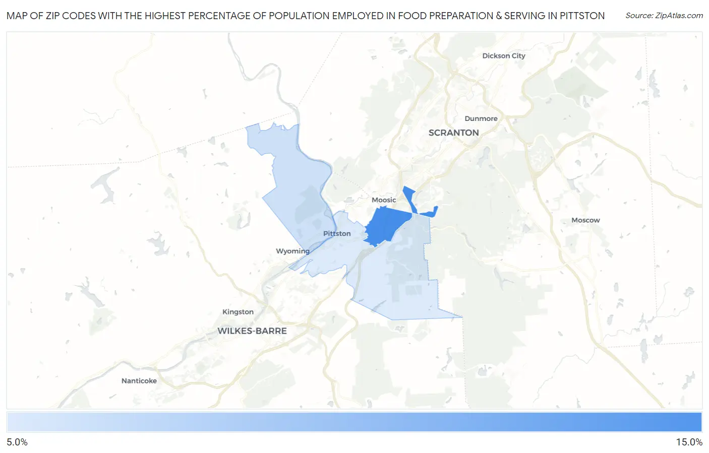 Zip Codes with the Highest Percentage of Population Employed in Food Preparation & Serving in Pittston Map